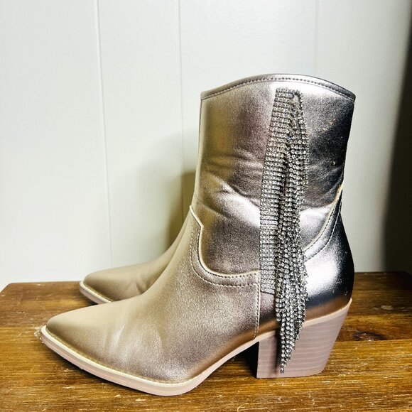 ROWAN Metallic Champagne Rhinestone Fringe Western Booties Rodeo Concert 7.5 - Picture 1 of 6